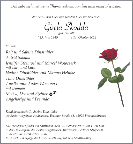 Traueranzeige von Gisela Skodda von Rheinische Post