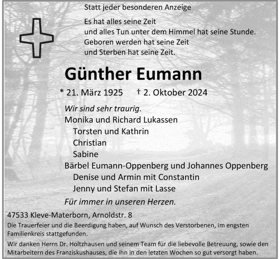 Traueranzeige von Günther Eumann von Rheinische Post