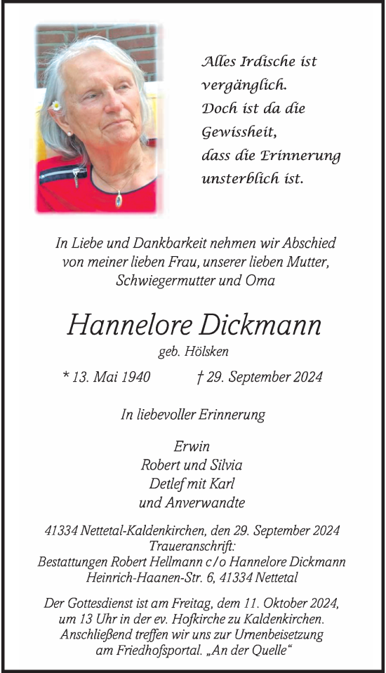 Traueranzeige von Hannelore Dickmann von Rheinische Post