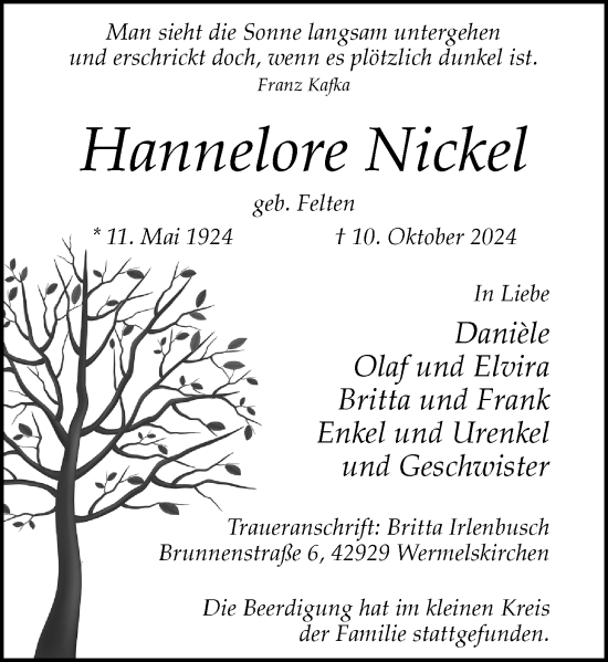 Traueranzeige von Hannelore Nickel von Rheinische Post