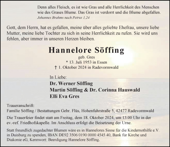 Traueranzeige von Hannelore Söffing von Rheinische Post