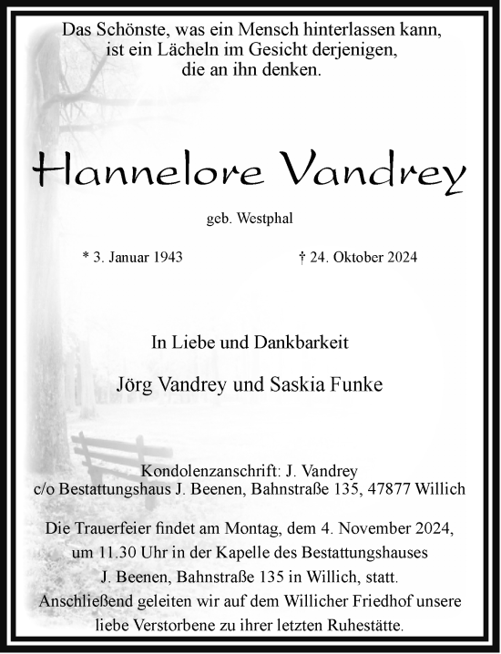 Traueranzeige von Hannelore Vandrey von Rheinische Post