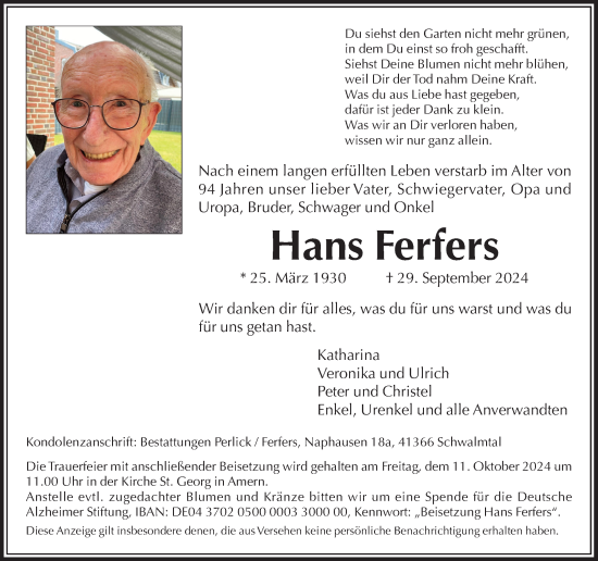 Traueranzeige von Hans Ferfers von Rheinische Post