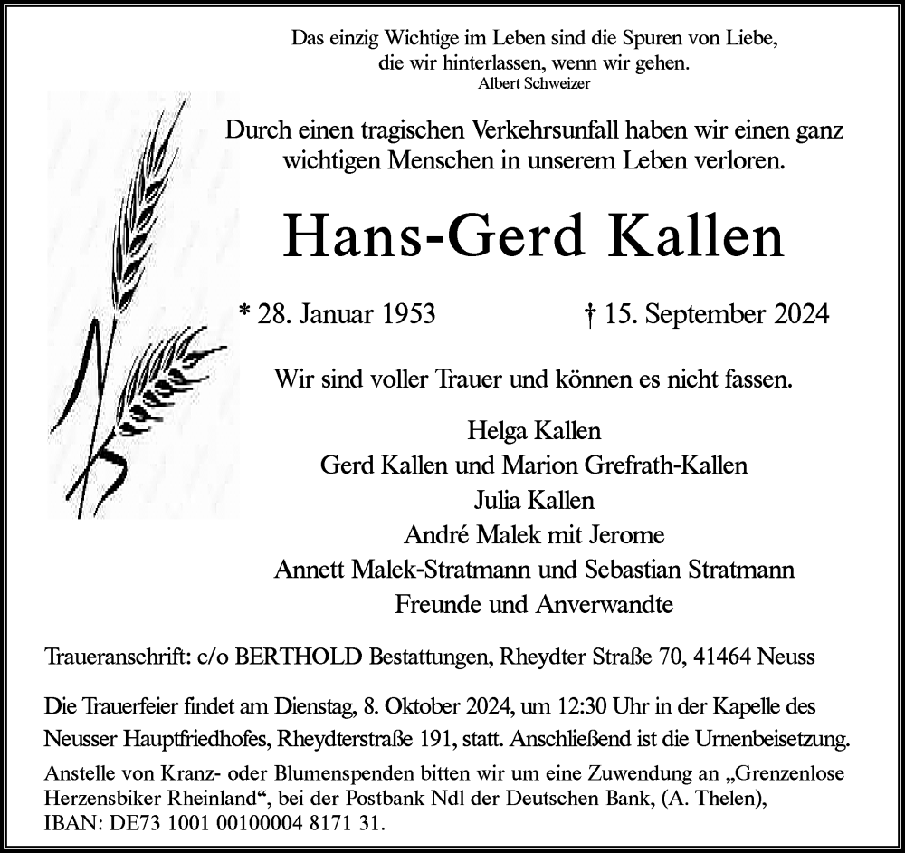  Traueranzeige für Hans-Gerd Kallen vom 02.10.2024 aus Rheinische Post