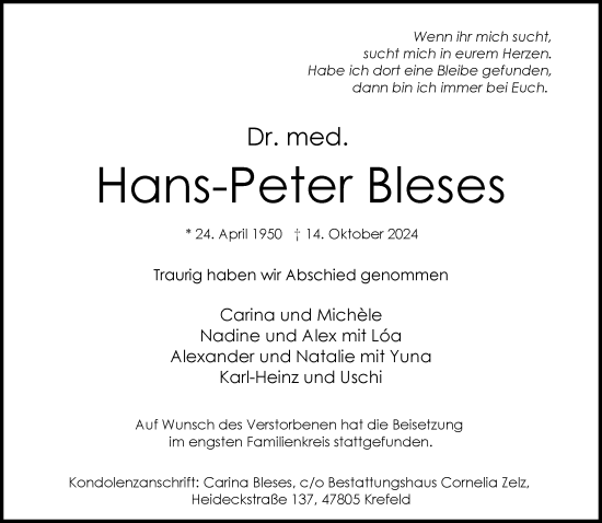 Traueranzeige von Hans-Peter Bleses von Rheinische Post