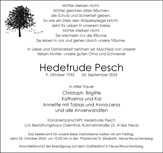 Traueranzeige von Hedetrude Pesch von Rheinische Post