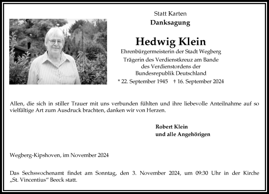 Traueranzeige von Hedwig Klein von Rheinische Post