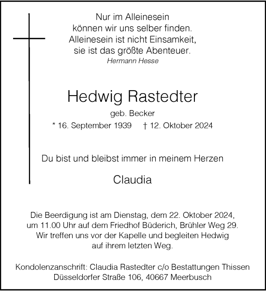 Traueranzeige von Hedwig Rastedter von Rheinische Post