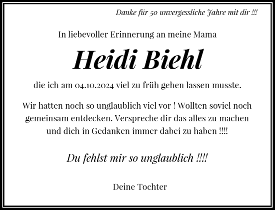 Traueranzeige von Heidi Biehl von Rheinische Post