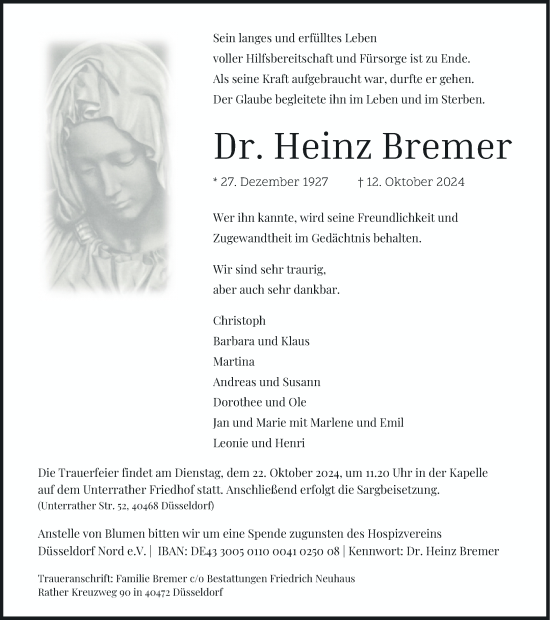 Traueranzeige von Heinz Bremer von Rheinische Post