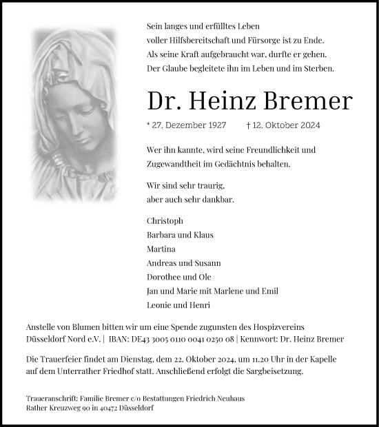 Traueranzeige von Heinz Bremer von Rheinische Post