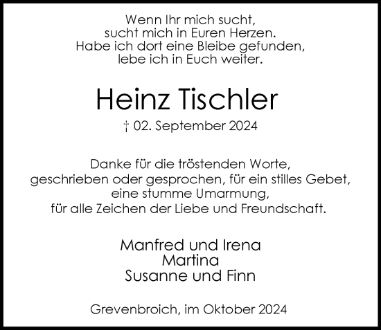 Traueranzeige von Heinz Tischler von Rheinische Post