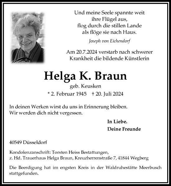 Traueranzeige von Helga  Braun von Rheinische Post