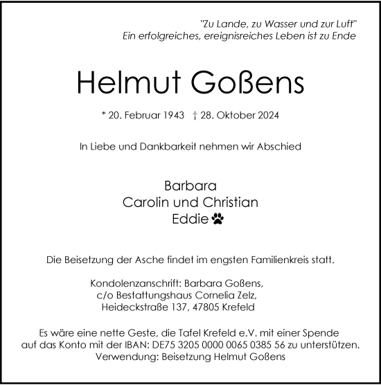 Traueranzeige von Helmut Goßens von Rheinische Post