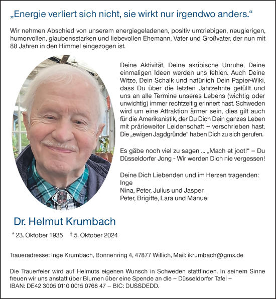 Traueranzeige von Helmut Krumbach von Rheinische Post