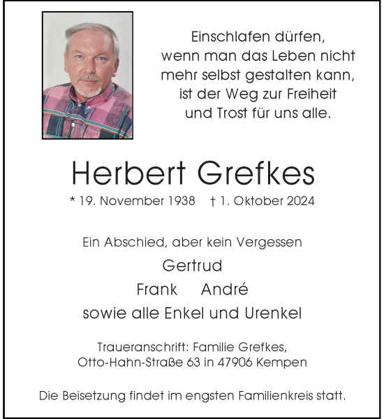 Traueranzeige von Herbert Grefkes von Rheinische Post