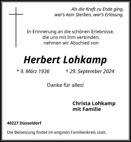 Traueranzeige von Herbert Lohkamp von Rheinische Post