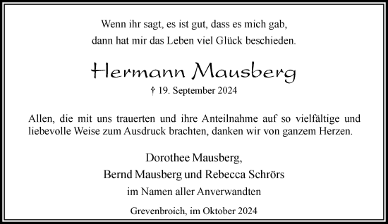 Traueranzeige von Hermann Mausberg von Rheinische Post