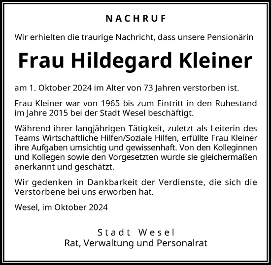 Traueranzeige von Hildegard Kleiner von Rheinische Post