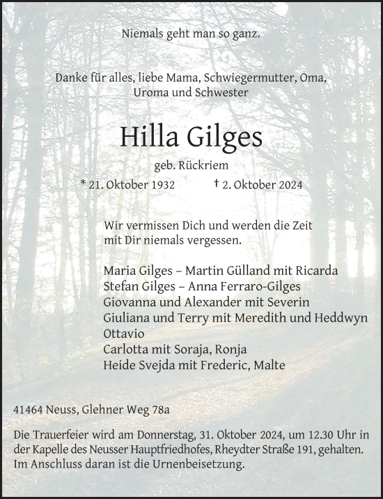 Traueranzeige von Hilla Gilges von Rheinische Post