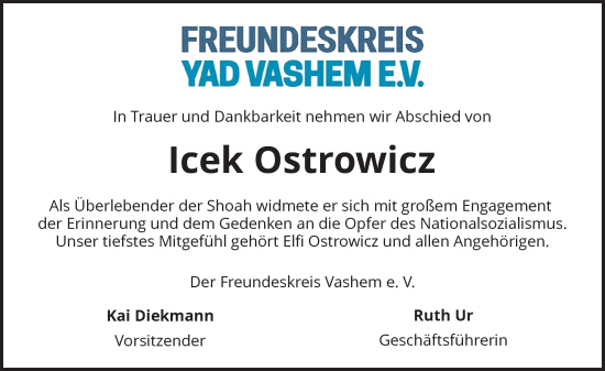 Traueranzeige von Icek Ostrowicz von Rheinische Post