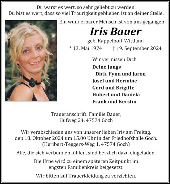 Traueranzeige von Iris Bauer von Rheinische Post