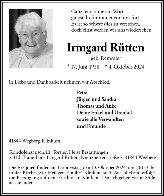 Traueranzeige von Irmgard Rütten von Rheinische Post