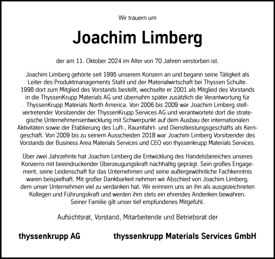 Traueranzeige von Joachim Limberg von Rheinische Post