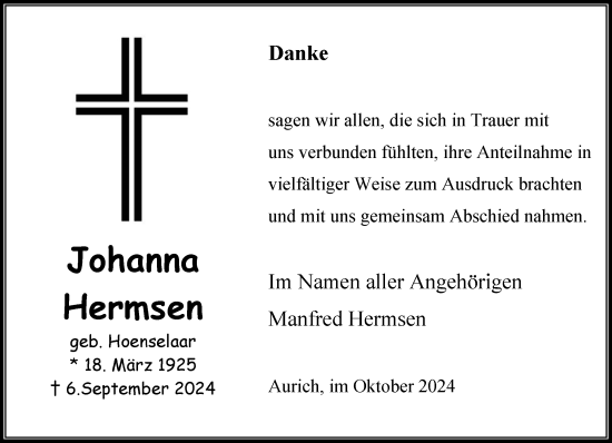 Traueranzeige von Johanna Hermsen von Rheinische Post