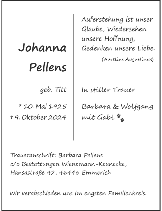 Traueranzeige von Johanna Pellens von Rheinische Post