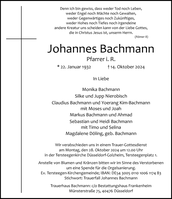 Traueranzeige von Johannes Bachmann von Rheinische Post