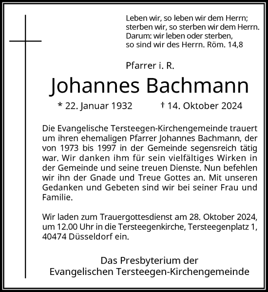 Traueranzeige von Johannes Bachmann von Rheinische Post