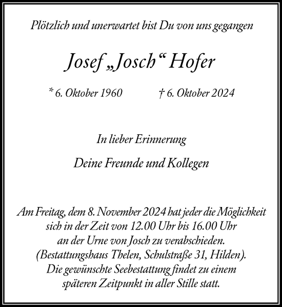 Traueranzeige von Josef Hofer von Rheinische Post