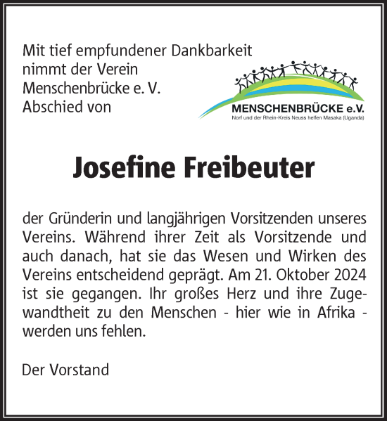 Traueranzeige von Josefine Freibeuter von Rheinische Post