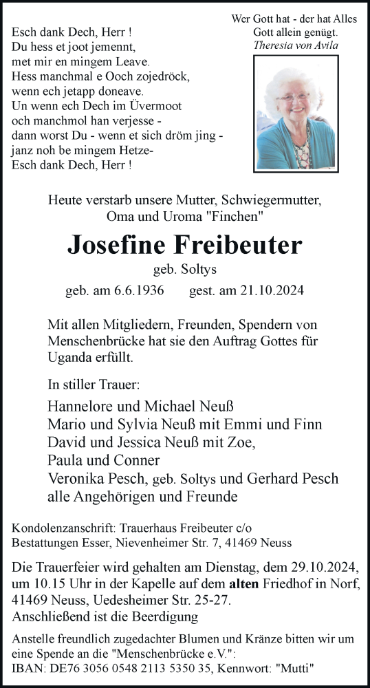 Traueranzeige von Josefine Freibeuter von Rheinische Post