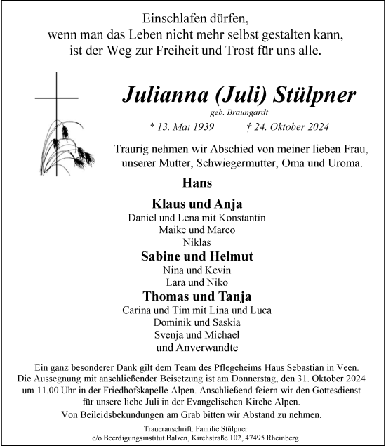 Traueranzeige von Julianna Stülpner von Rheinische Post