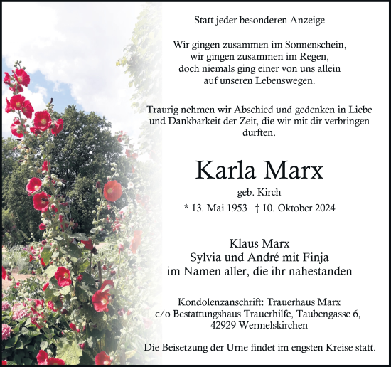 Traueranzeige von Karla Marx von Rheinische Post