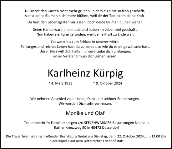 Traueranzeige von Karlheinz Kürpig von Rheinische Post