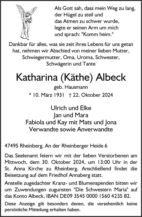 Traueranzeige von Katharina Albeck von Rheinische Post