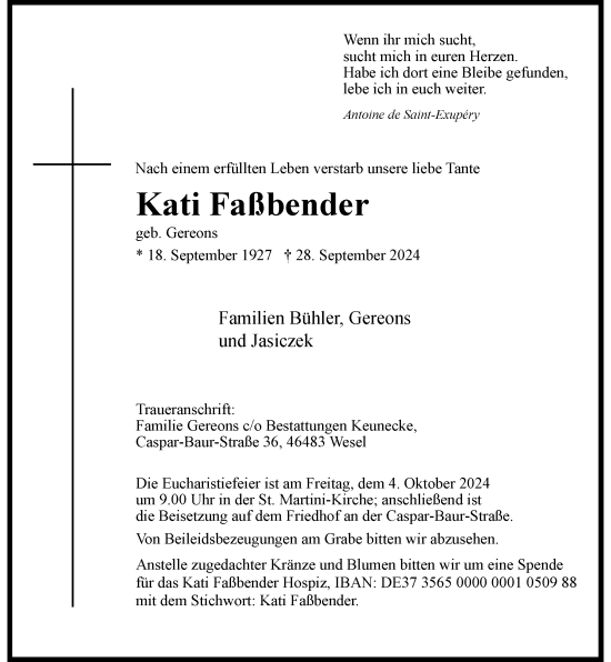 Traueranzeige von Kati Faßbender von Rheinische Post