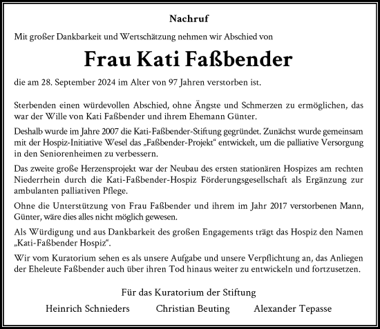 Traueranzeige von Kati Faßbender von Rheinische Post