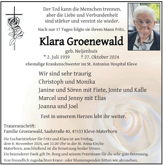 Traueranzeige von Klara Groenewald von Rheinische Post