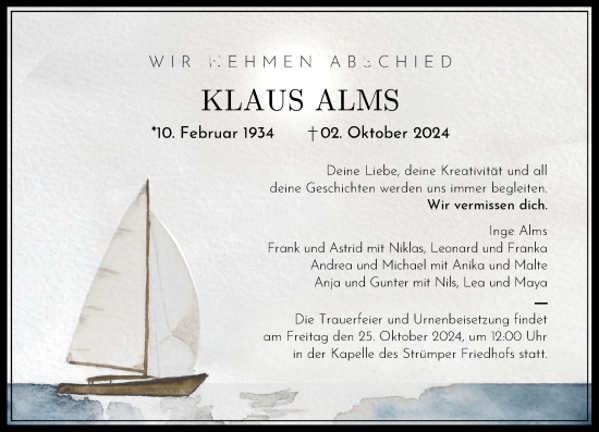 Traueranzeige von Klaus Alms von Rheinische Post