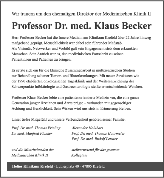 Traueranzeige von Klaus Becker von Rheinische Post