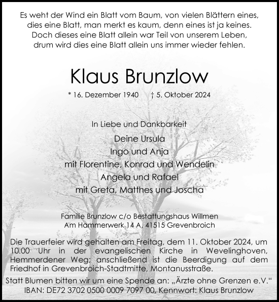 Traueranzeige von Klaus Brunzlow von Rheinische Post