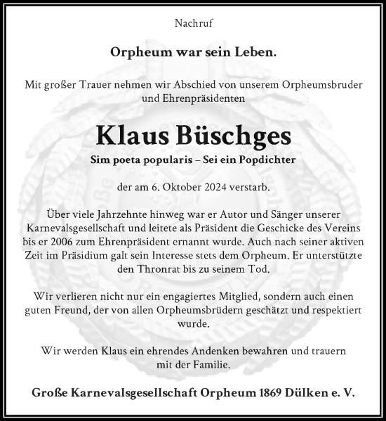 Traueranzeige von Klaus Büschges von Rheinische Post