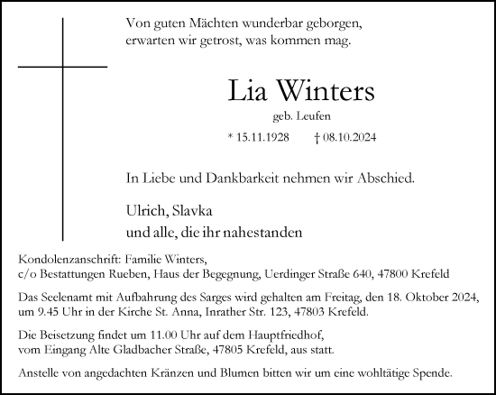 Traueranzeige von Lia Winters von Rheinische Post