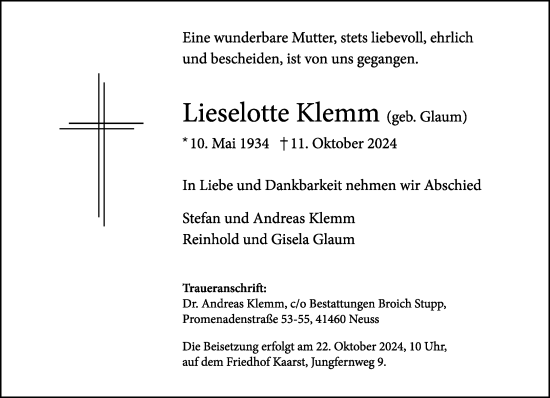 Traueranzeige von Lieselotte Klemm von Rheinische Post