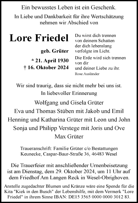 Traueranzeige von Lore Friedel von Rheinische Post