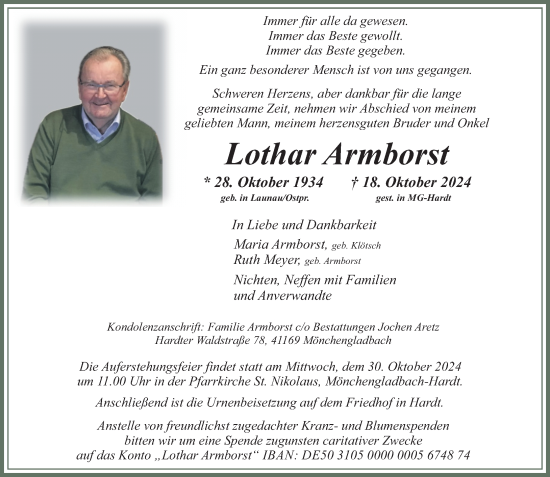 Traueranzeige von Lothar Armborst von Rheinische Post